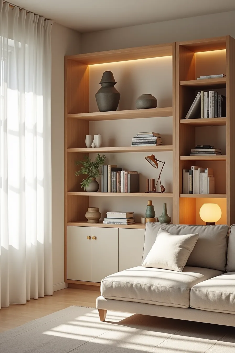 Open-back wooden bookcase filled with books and decorative objects, dividing living room space with visibility from both