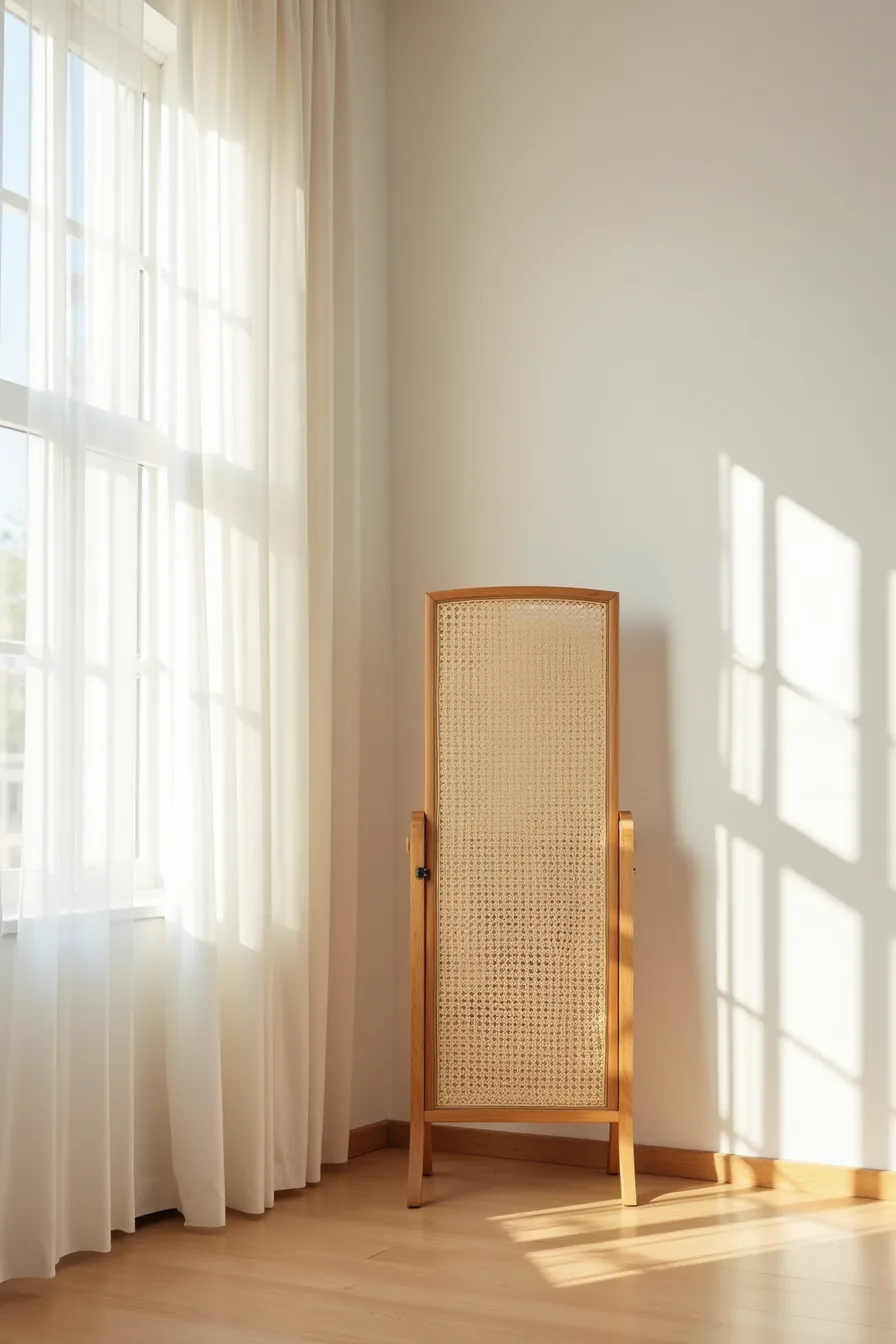 Wooden-framed screen with woven rattan panels standing independently in corner, displaying hinged joints and structural