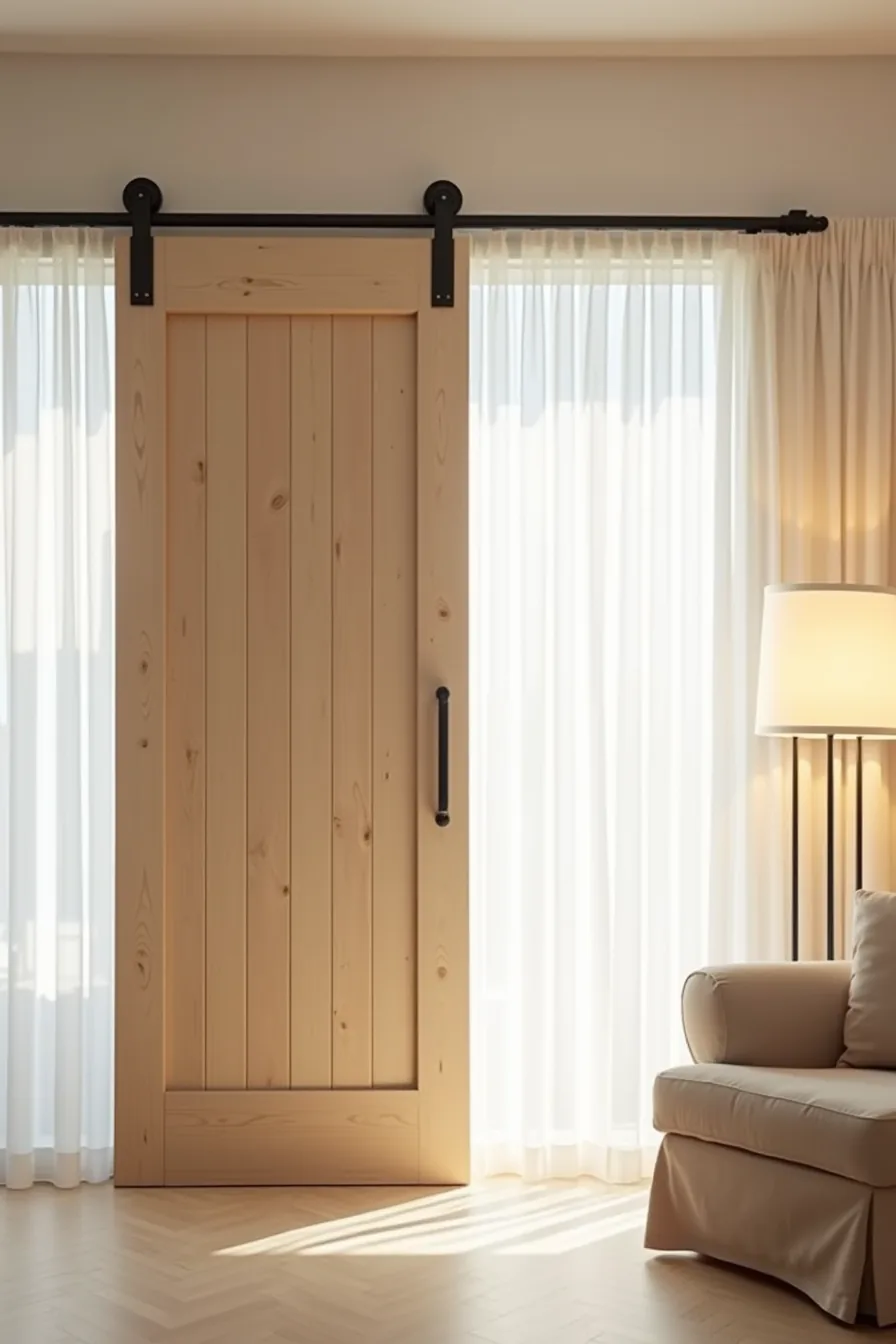 Partially open sliding barn door on exposed metal track system showing wood paneling and visible hardware mechanisms.