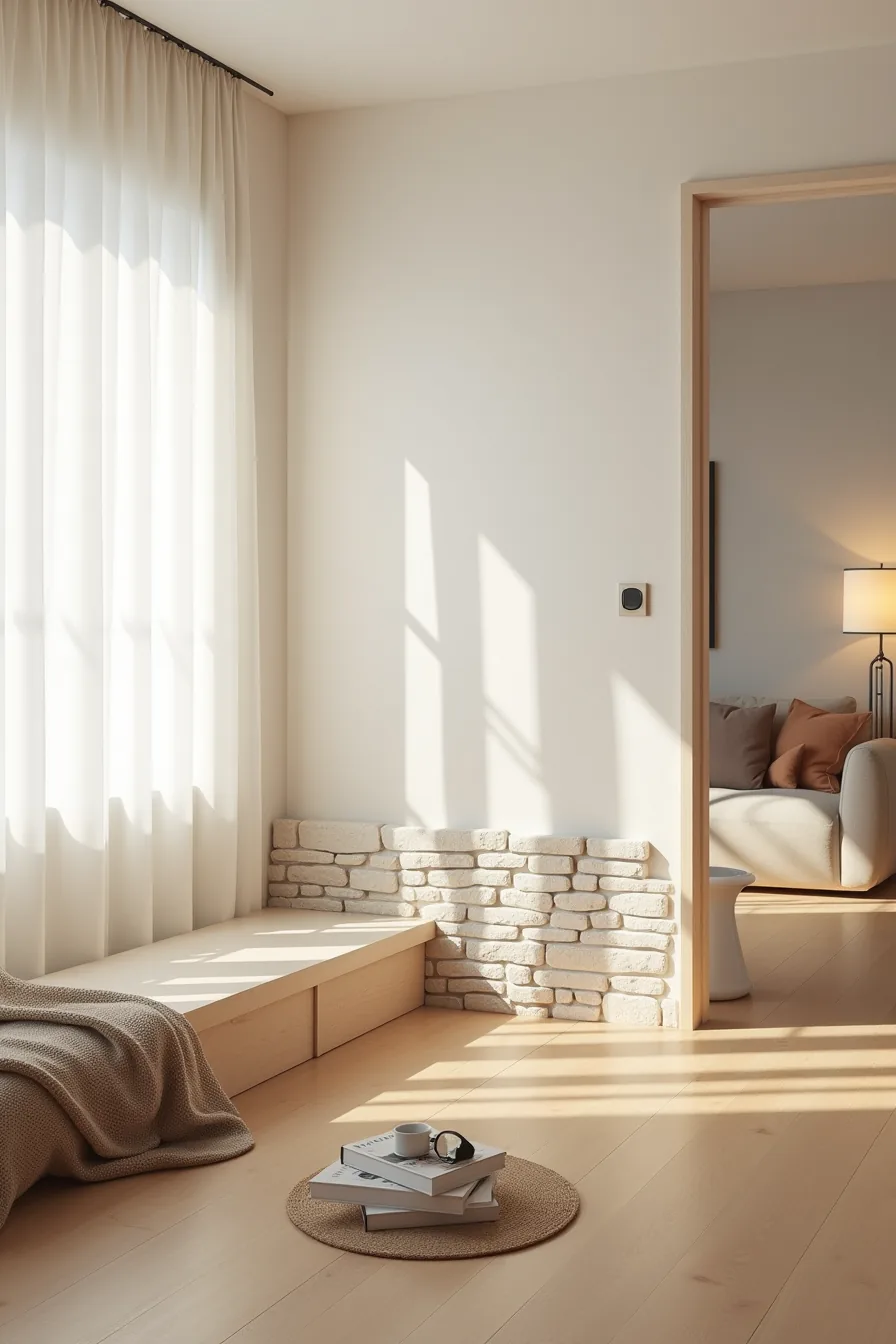 Stacked stone and concrete block half-wall dividing living room with clear sightlines over its waist-height edge to adjacent
