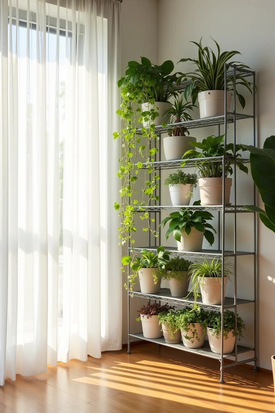 Vertical plant wall with potted plants and trailing vines on metal frame structure filtering light while dividing room space.