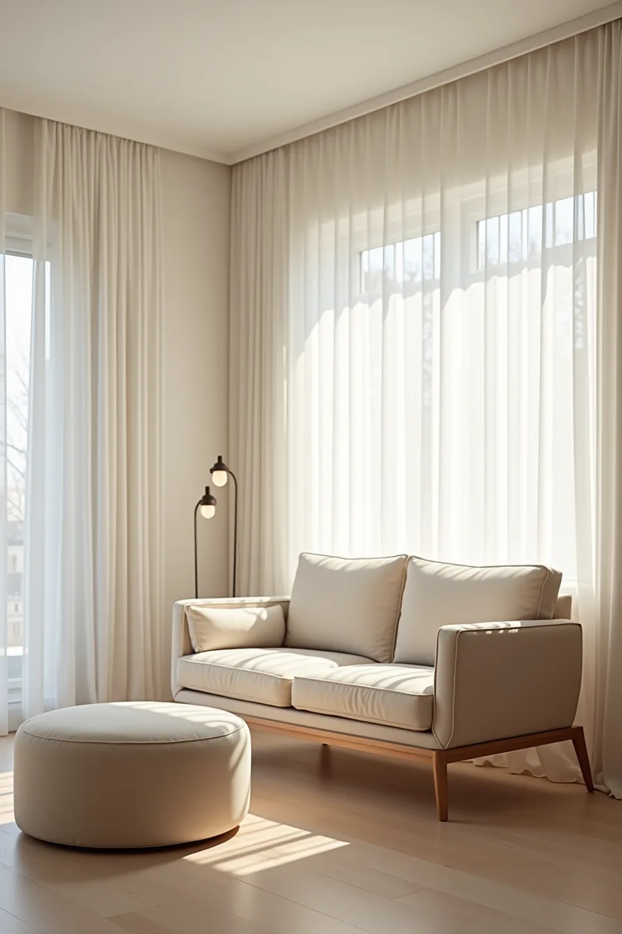 A loveseat and ottoman angled at 45 degrees fit into a corner beneath a sloped ceiling with a narrow accent table.