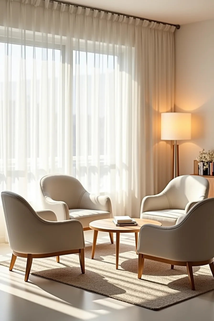 Upholstered chairs circle a low coffee table on a neutral rug, viewed from seating level.