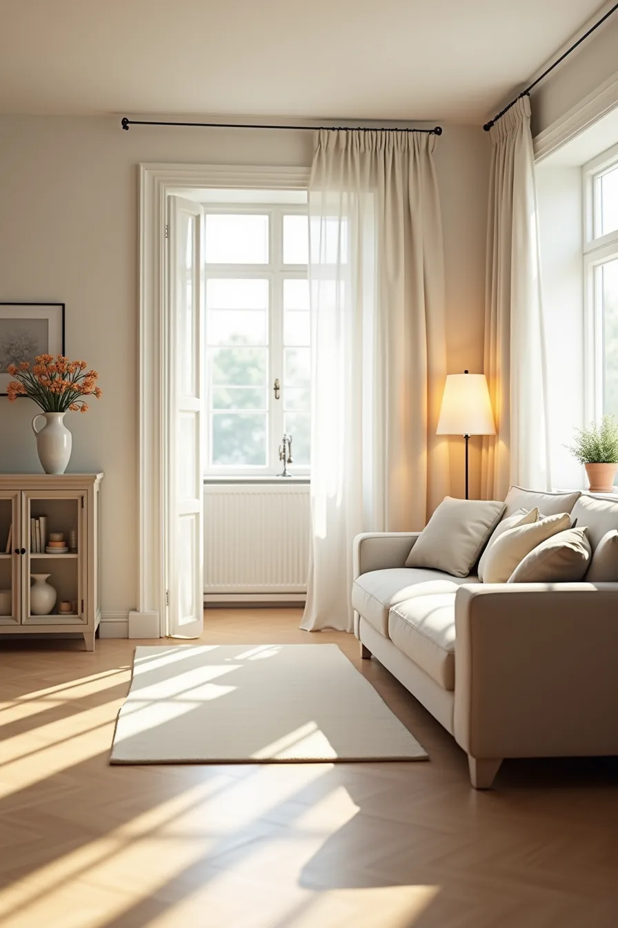 Furniture arranged to maintain a clear pathway from a doorway to a window, with a sofa and console table positioned along