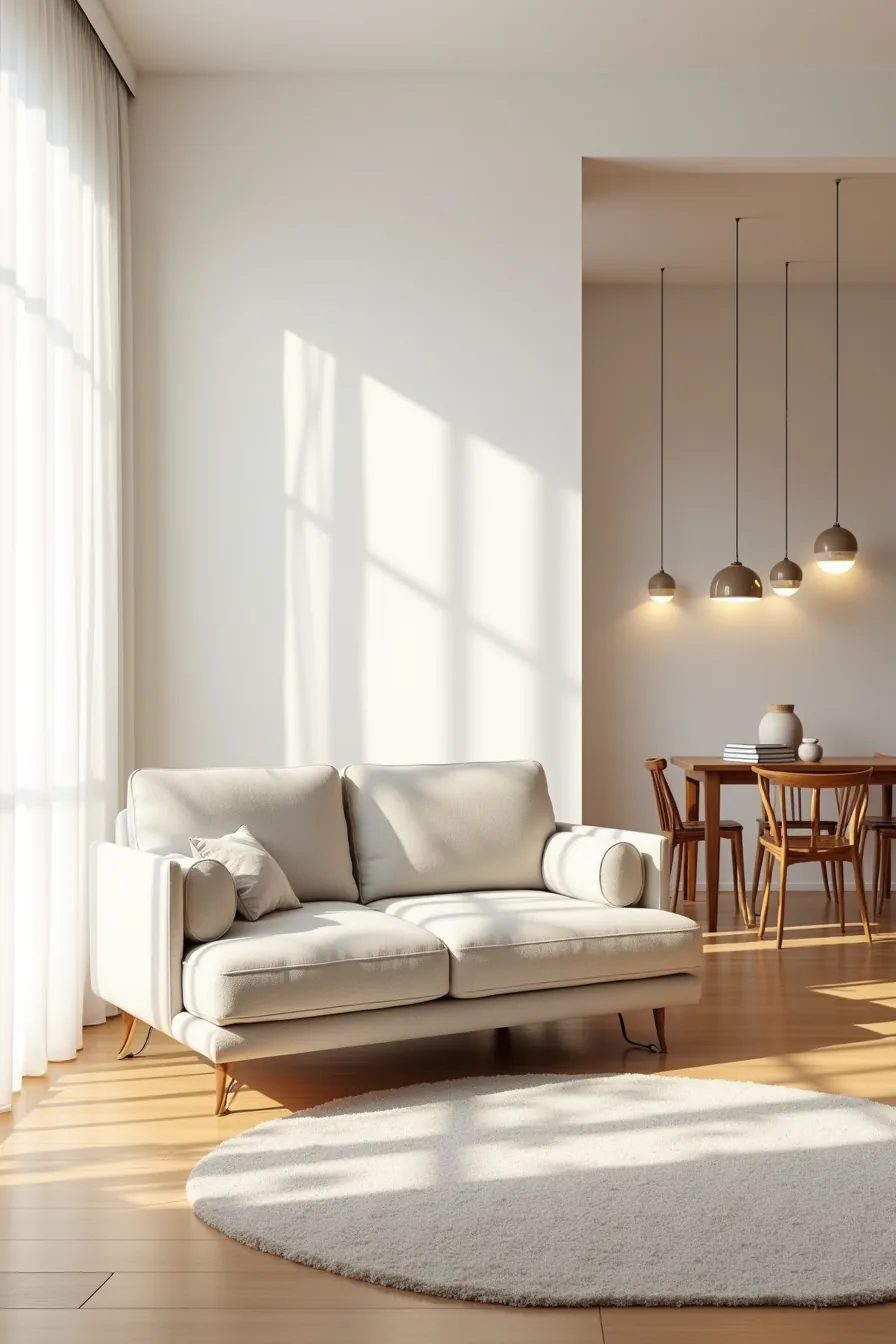 A low-backed sectional on a geometric rug divides an open room, with pendant lights above and a dining table beyond.