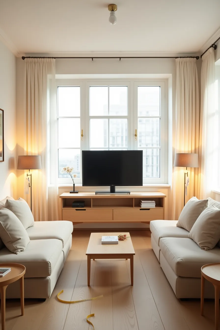 A measuring tape on the floor measures distance between a sofa and wall-mounted television with flanking end tables.