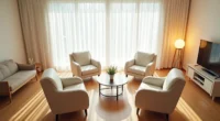 Four armchairs form a tight square around a small round table on hardwood flooring.