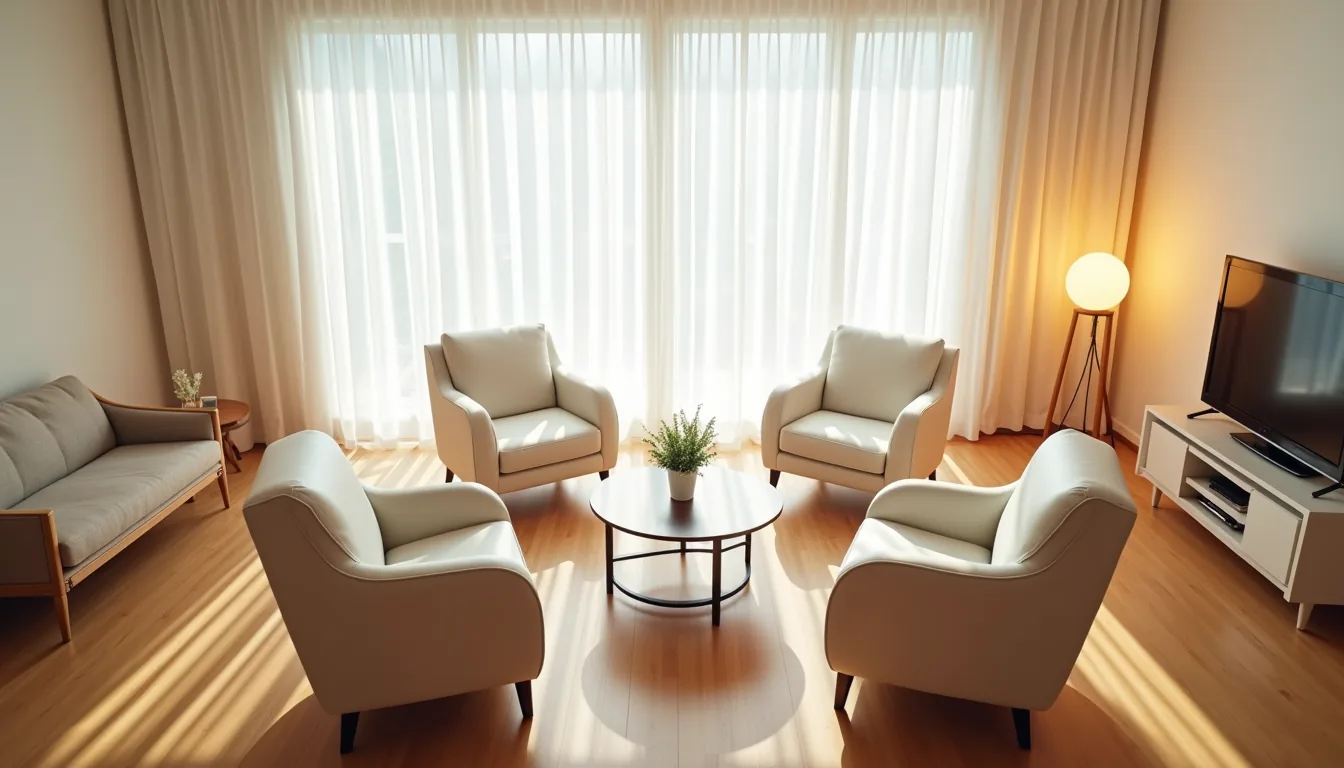 Four armchairs form a tight square around a small round table on hardwood flooring.