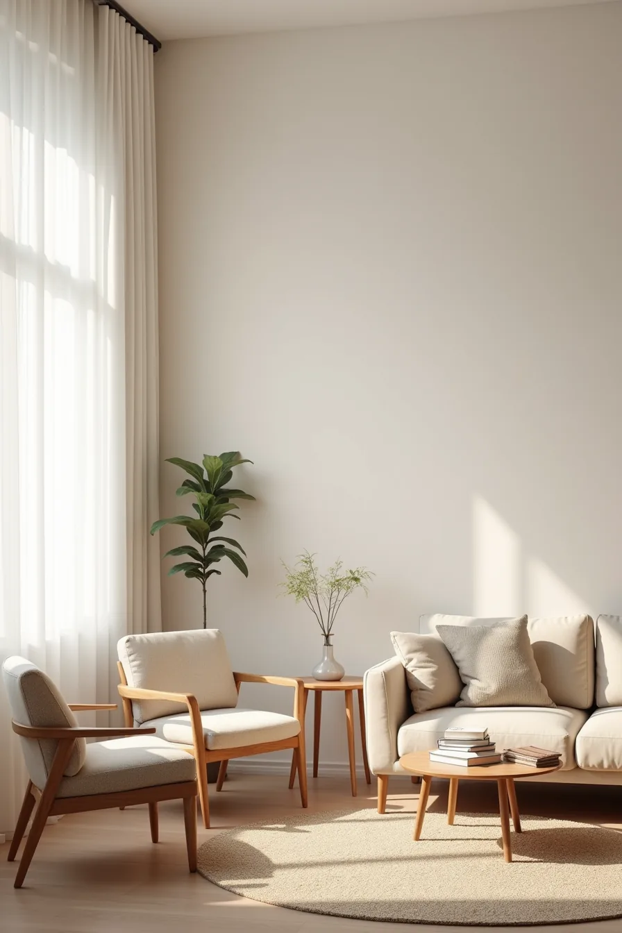Three living room layouts displayed side-by-side: a compact two-chair corner, a standard sofa setup, and a spacious