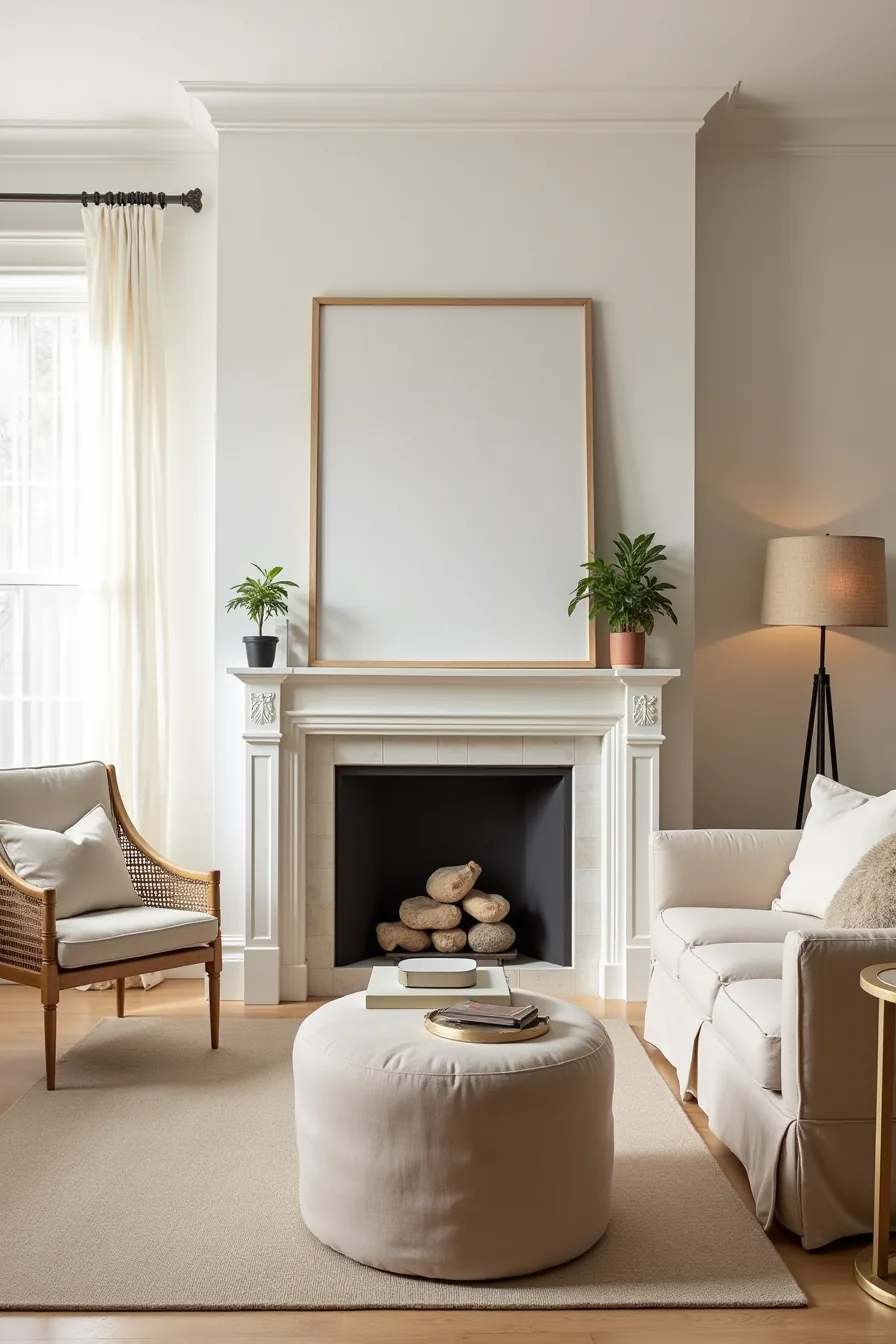Three mantle styling approaches—budget using adhesive strips and prints, renter with freestanding plants and vintage items