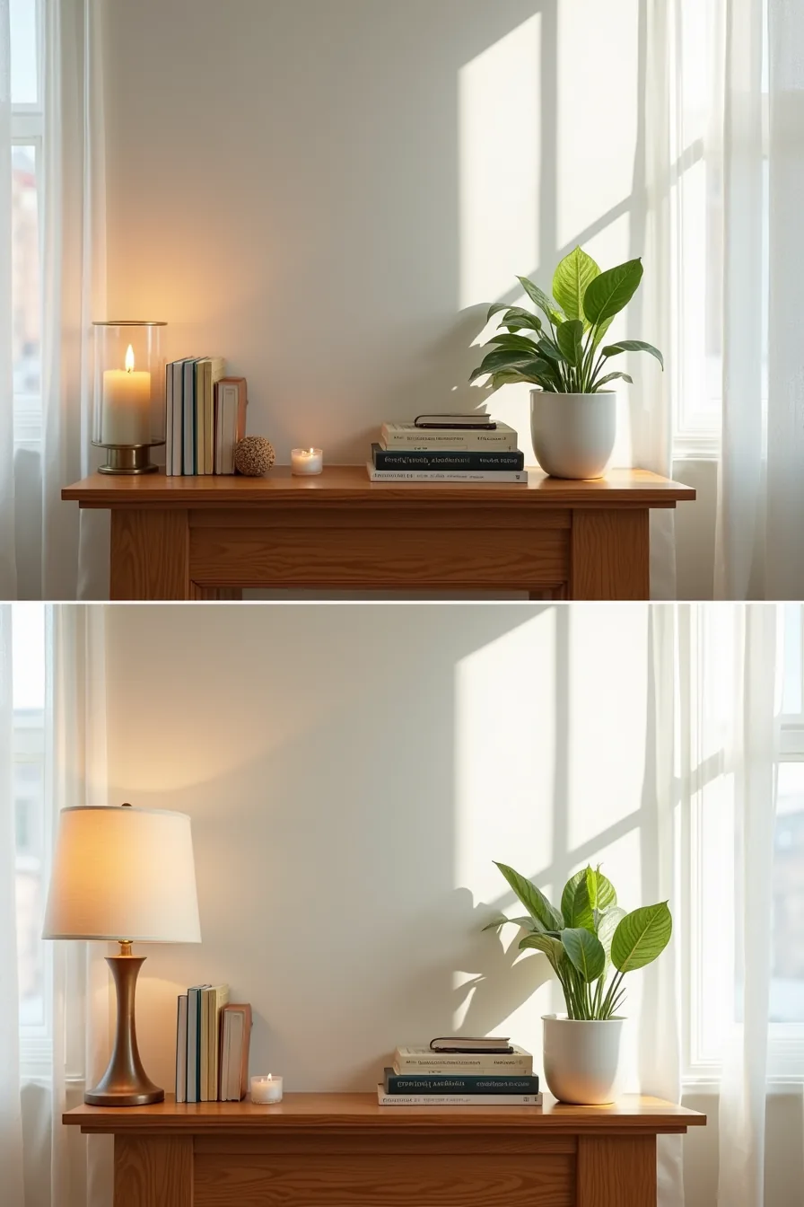 Mantle before and after styling—left side cluttered with burned-out candle, right side organized with fresh candle