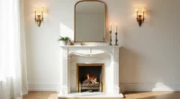 Symmetrical white marble fireplace with brass mirror, cream candles, ferns, and brass candlesticks arranged on either side