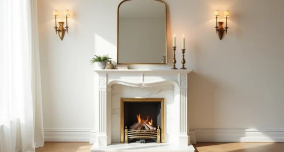 Symmetrical white marble fireplace with brass mirror, cream candles, ferns, and brass candlesticks arranged on either side