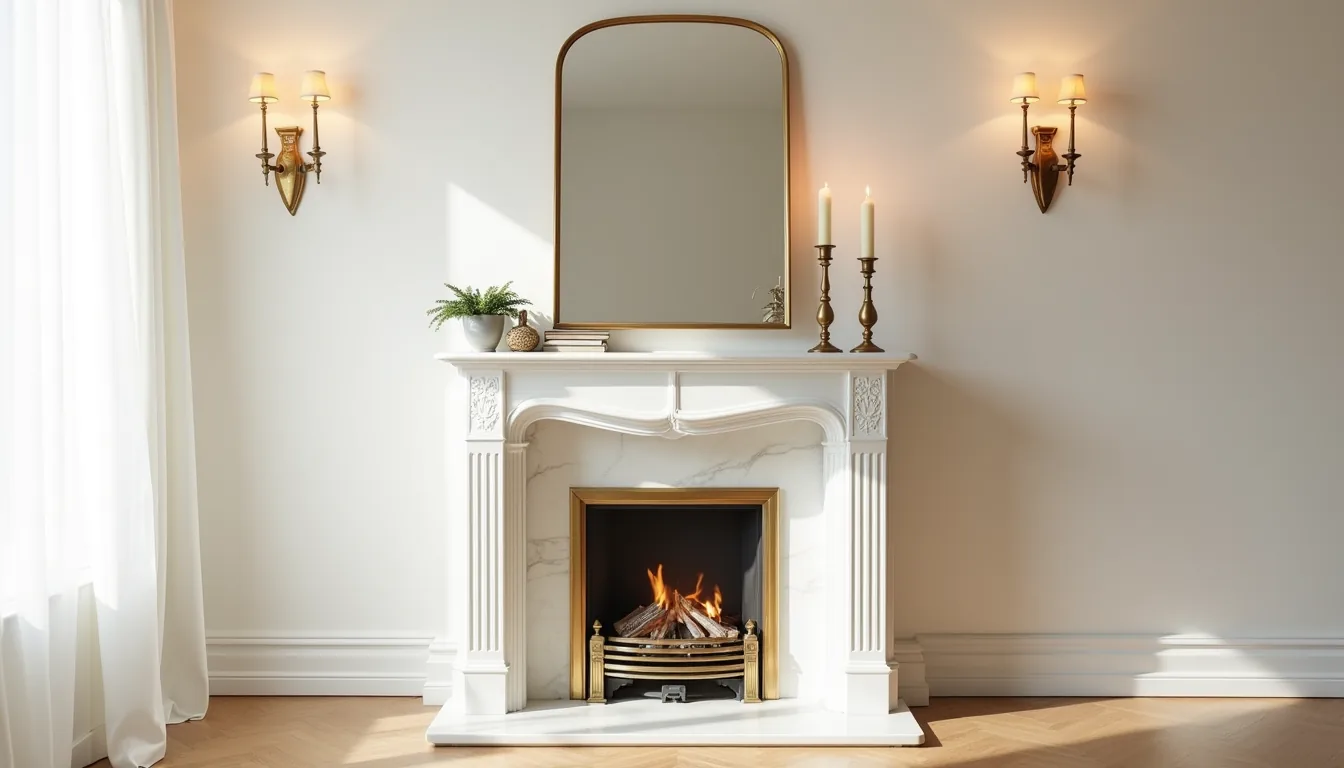 Symmetrical white marble fireplace with brass mirror, cream candles, ferns, and brass candlesticks arranged on either side