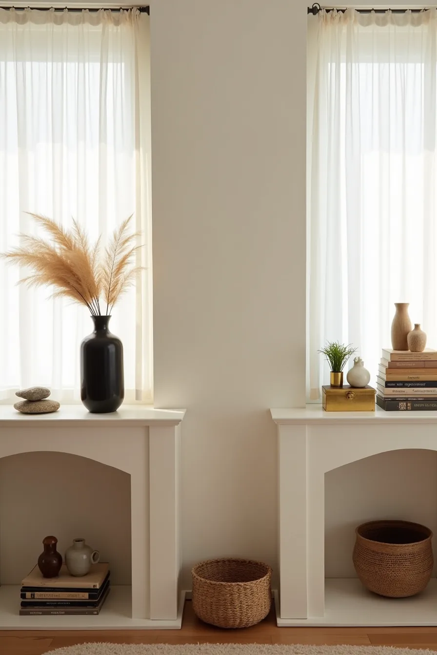Two mantles compared—one minimal with a black vase and pampas grass, the other layered with brass boxes, books, ceramics
