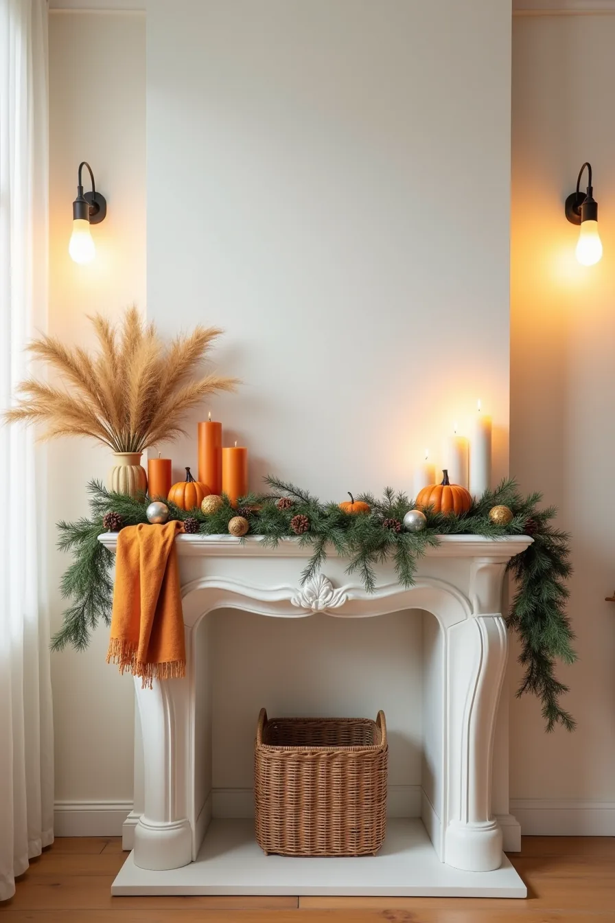 Mantle transitioning from autumn décor with orange candles and dried corn on the left to winter setup with white candles and