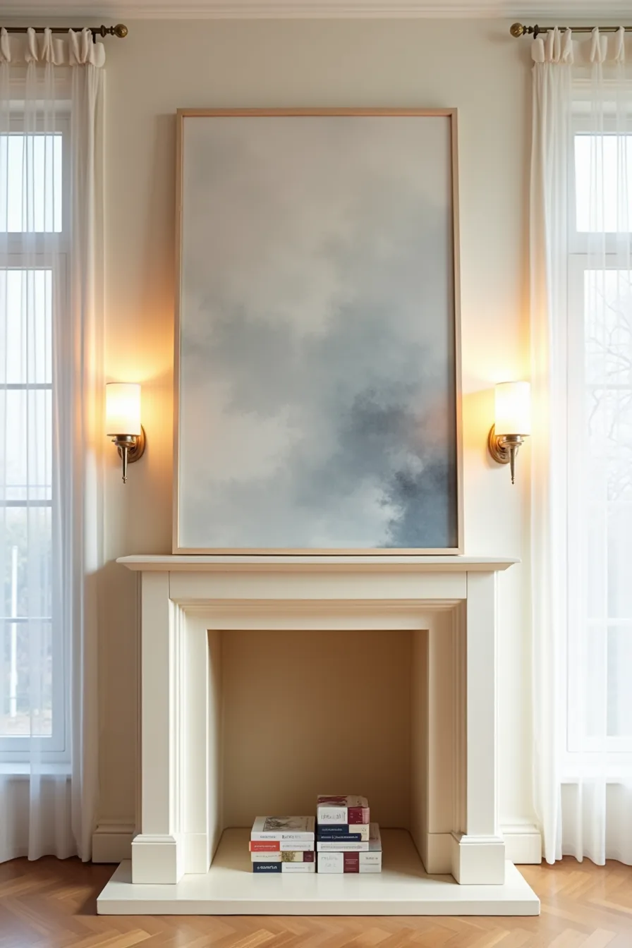 Fireplace mantle divided with an abstract painting in muted tones on the left and a beveled mirror reflecting light on the