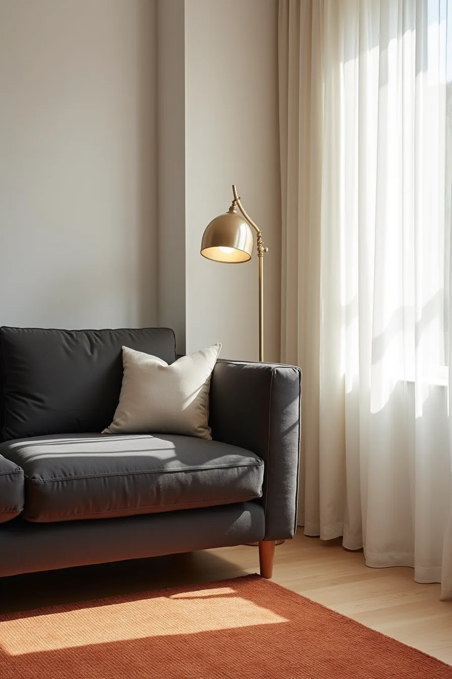Close-up of a charcoal sofa corner against a rust-toned geometric rug with visible texture and weave detail.