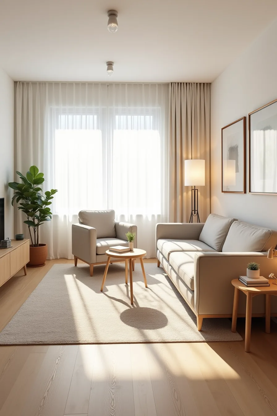 Wide-angle view of a small living room with a large rug nearly filling the floor, compact furniture arranged on it, and