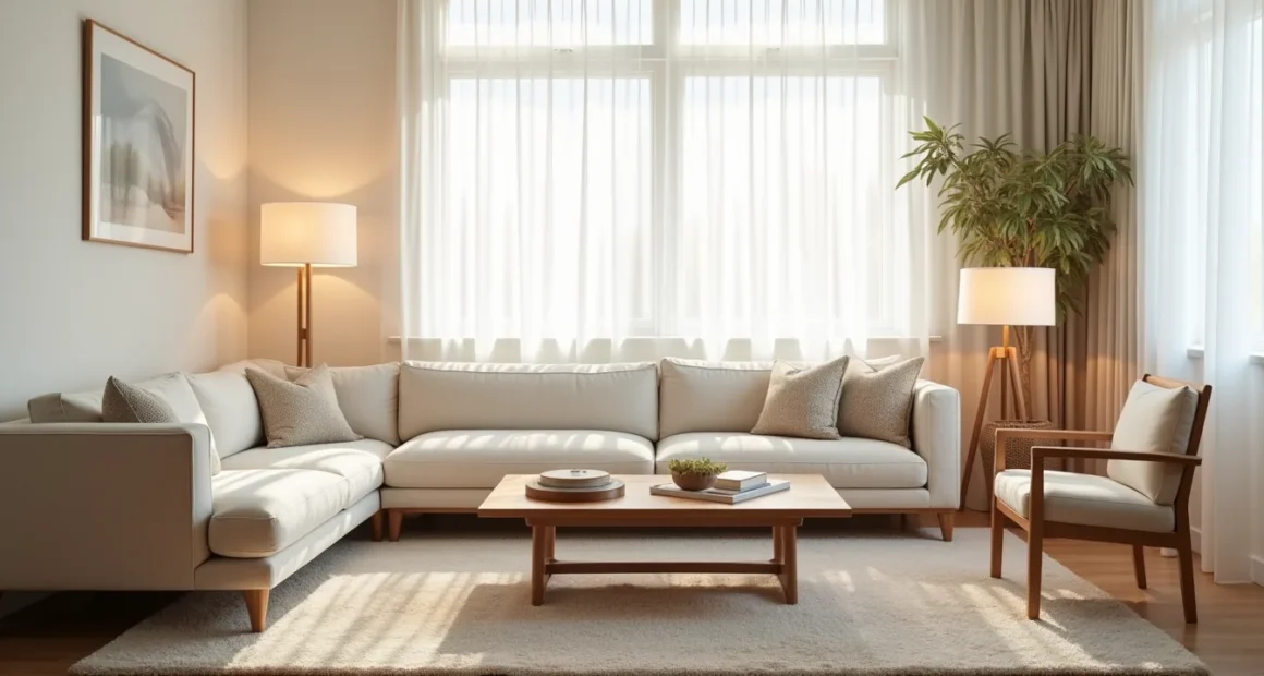 Overhead view showing a neutral area rug anchoring a sectional sofa, wooden coffee table, and two accent chairs in a