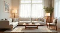 Overhead view showing a neutral area rug anchoring a sectional sofa, wooden coffee table, and two accent chairs in a