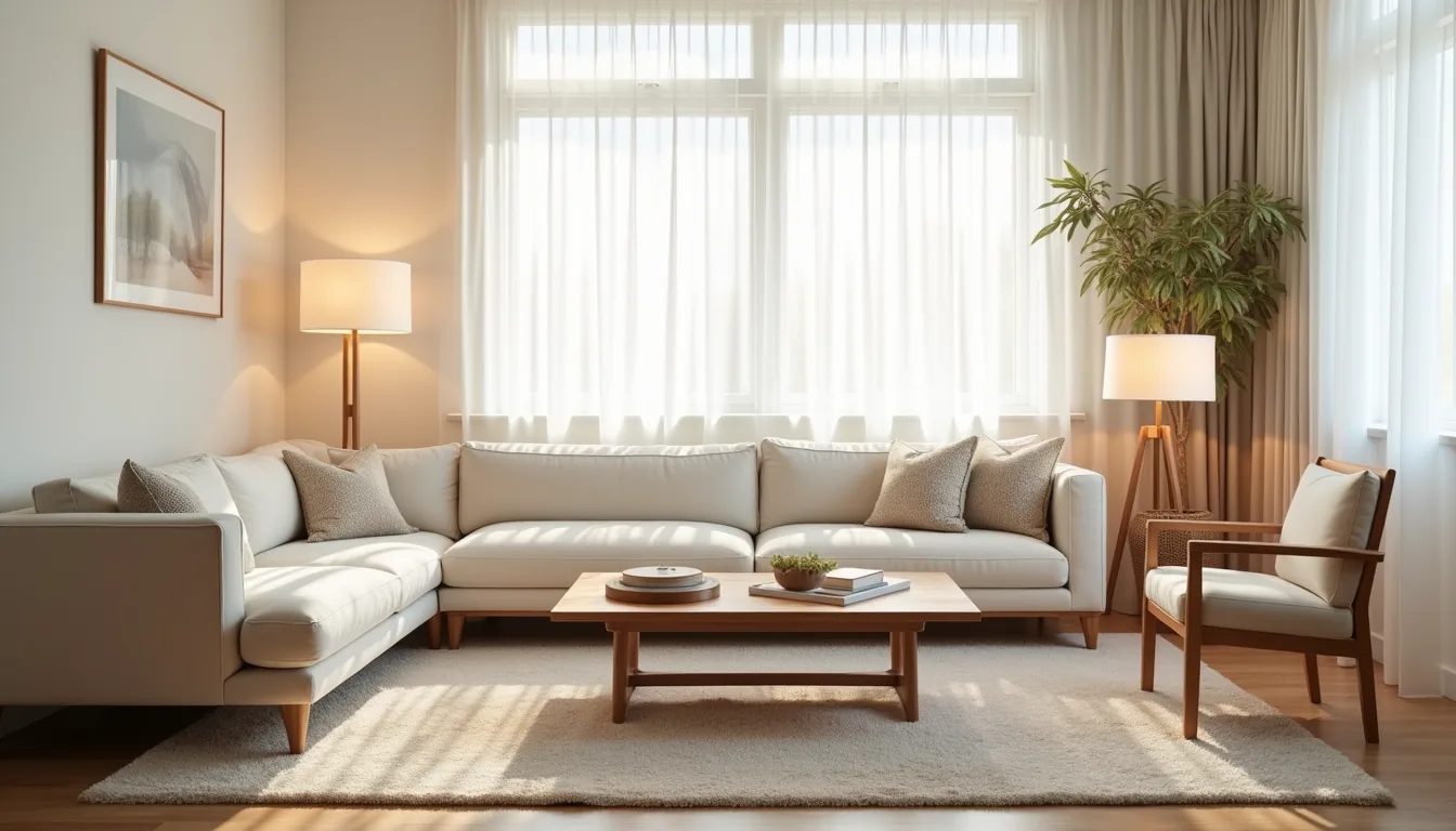 Overhead view showing a neutral area rug anchoring a sectional sofa, wooden coffee table, and two accent chairs in a