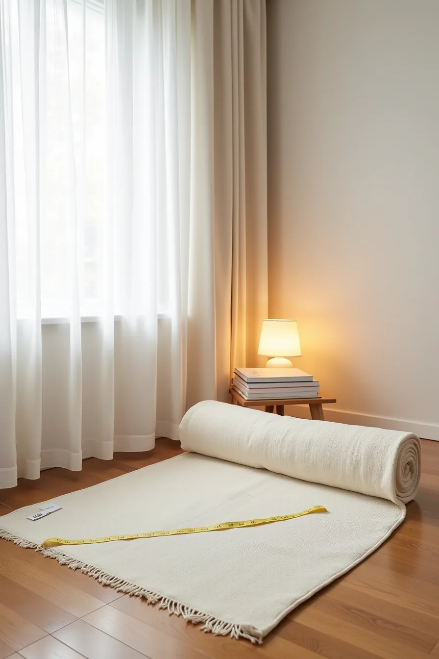Flat lay showing a rolled cotton dhurrie rug with price tag, rug pad, and measuring tape on hardwood flooring.