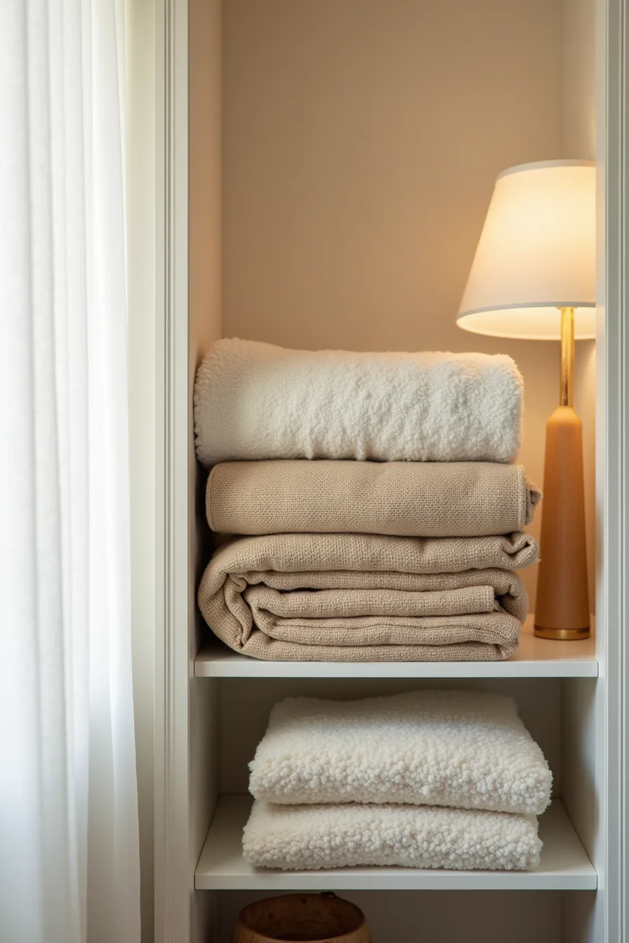 Stacked rugs on a linen closet shelf including a jute rug, wool rug, and vacuum-sealed storage bag with shelf edge visible.