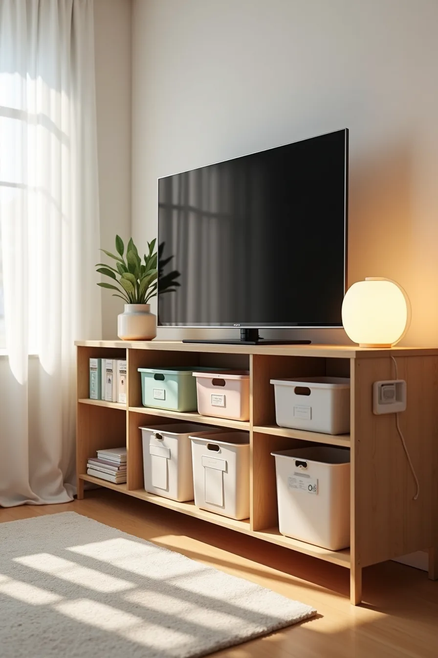 TV stand with adjustable shelves holding TV, primary-colored toy storage bins, and cable management clips with wire
