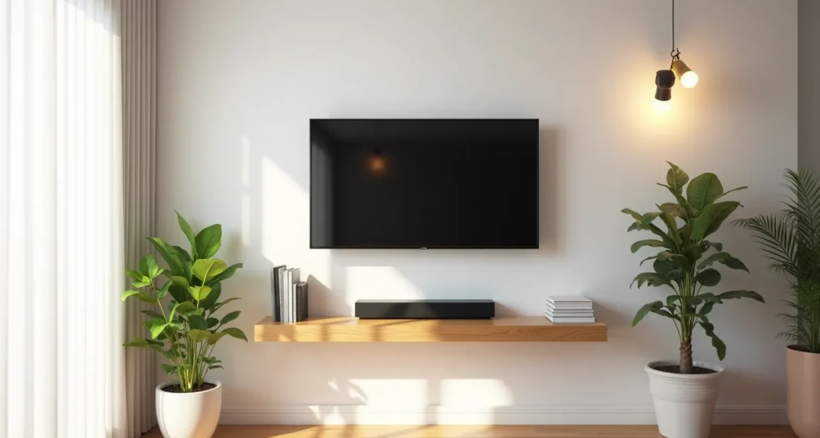 Flat-screen TV mounted on white wall with floating shelf below holding a soundbar, flanked by potted plants on hardwood