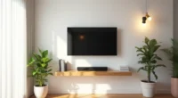 Flat-screen TV mounted on white wall with floating shelf below holding a soundbar, flanked by potted plants on hardwood