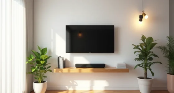 Flat-screen TV mounted on white wall with floating shelf below holding a soundbar, flanked by potted plants on hardwood