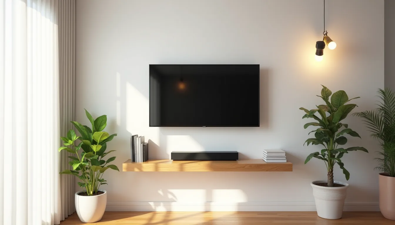 Flat-screen TV mounted on white wall with floating shelf below holding a soundbar, flanked by potted plants on hardwood