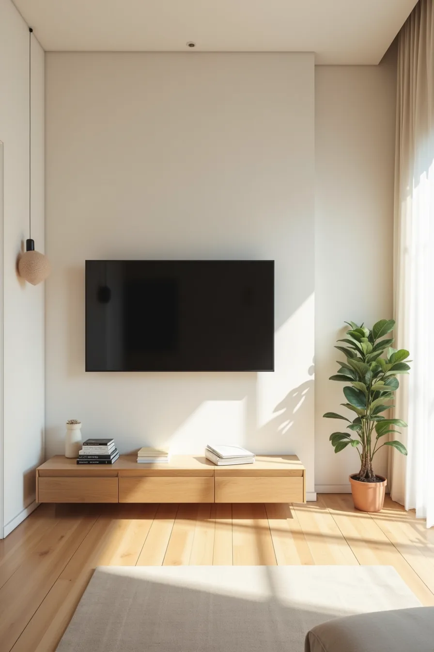 Wall-mounted TV with visible metal bracket on accent wall above open floor space in a studio apartment.