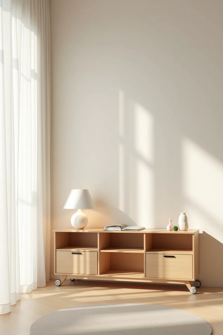 Freestanding modular wooden cube TV stand with rolling casters, showing offset arrangement and portability.
