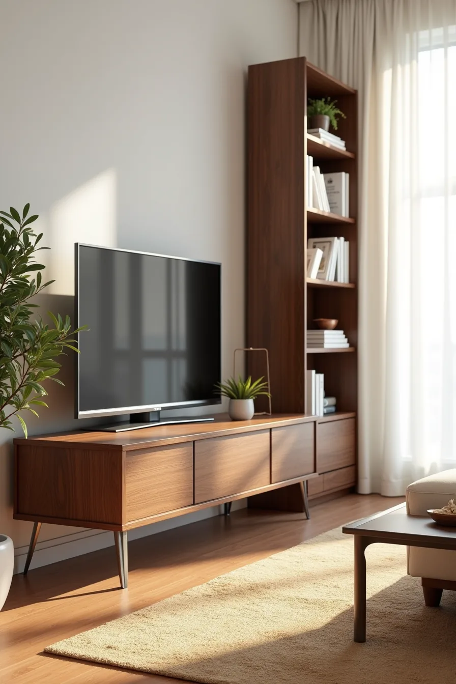 Dark walnut TV stand with brushed-metal legs positioned next to matching walnut bookcase on a warm area rug.