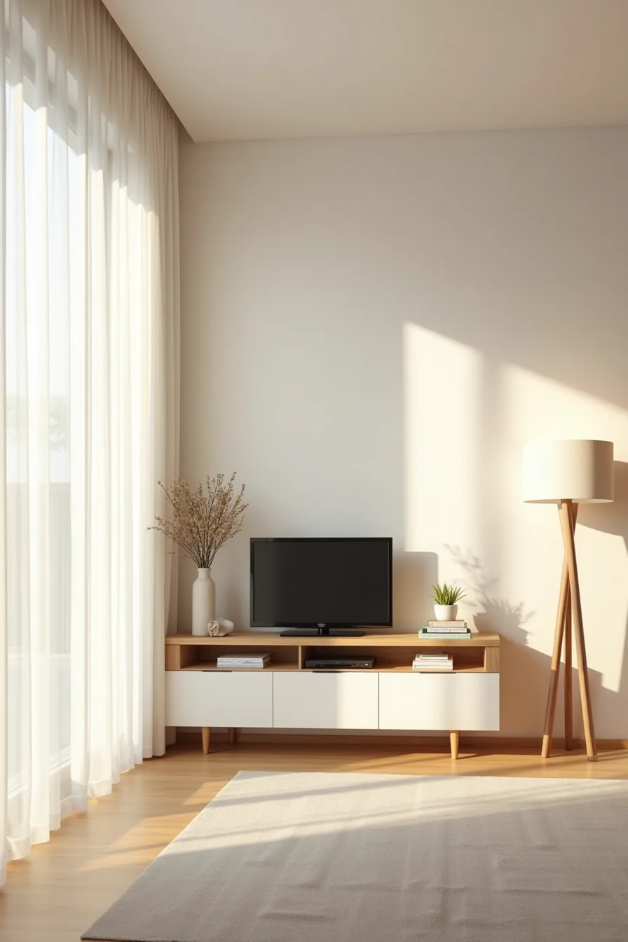 Wide TV stand positioned left of center on an 18-foot wall with floor lamp on right side balancing the composition.