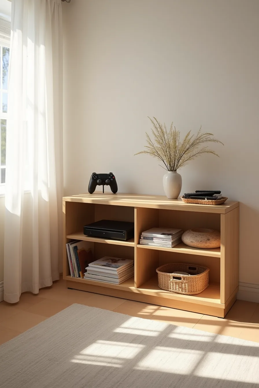 Wooden TV console with three open shelves displaying cable box, gaming controller, remote tray, and woven storage basket.
