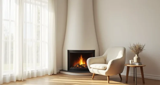 Corner fireplace with dark metal frame, cream armchair angled toward it, small side table with mug on hardwood flooring.