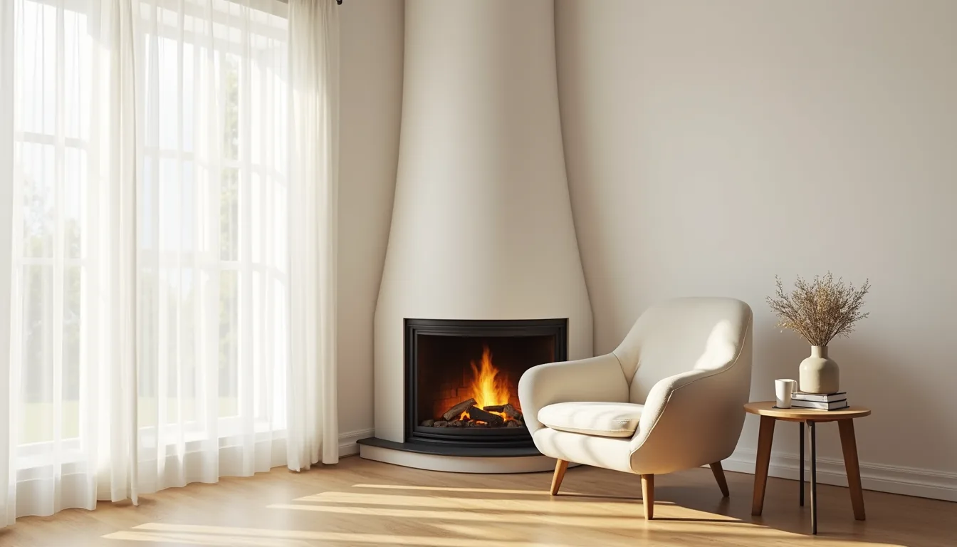 Corner fireplace with dark metal frame, cream armchair angled toward it, small side table with mug on hardwood flooring.