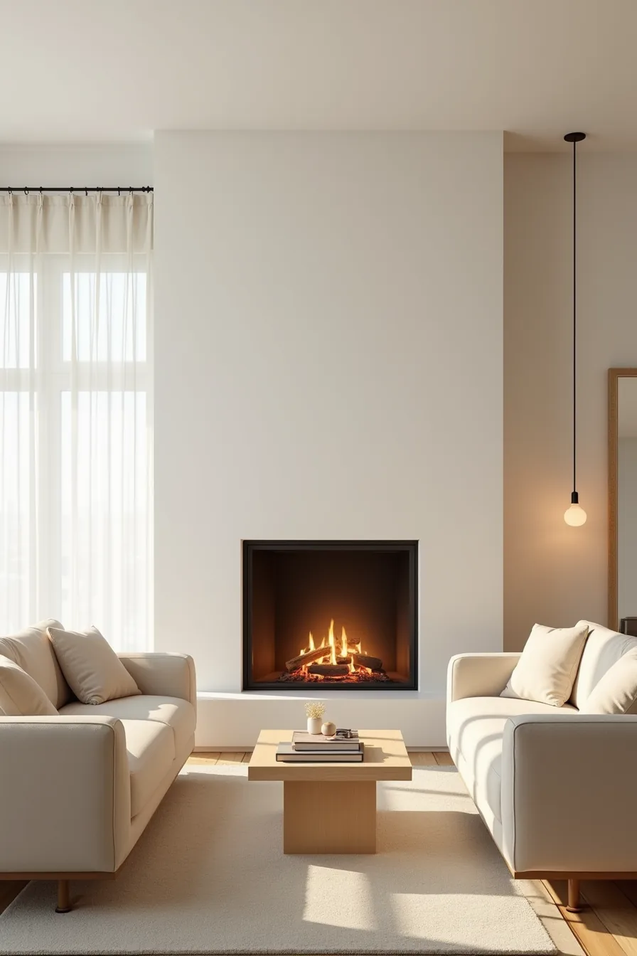 Living room with two sofas angled toward fireplace, coffee table in foreground, and clear safety perimeter around hearth.