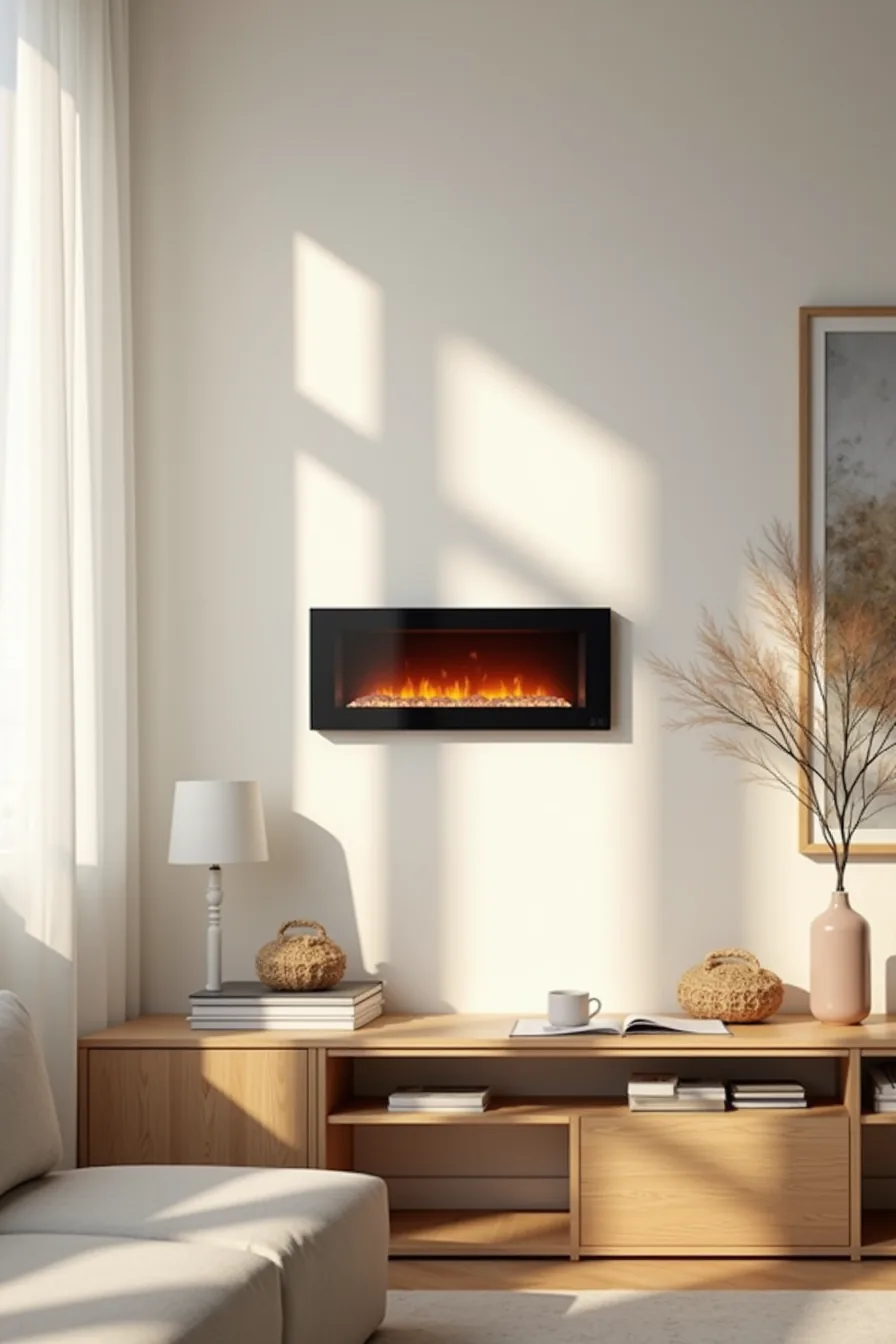 Wall-mounted electric fireplace with glowing flame effect and black frame positioned above a low console table.