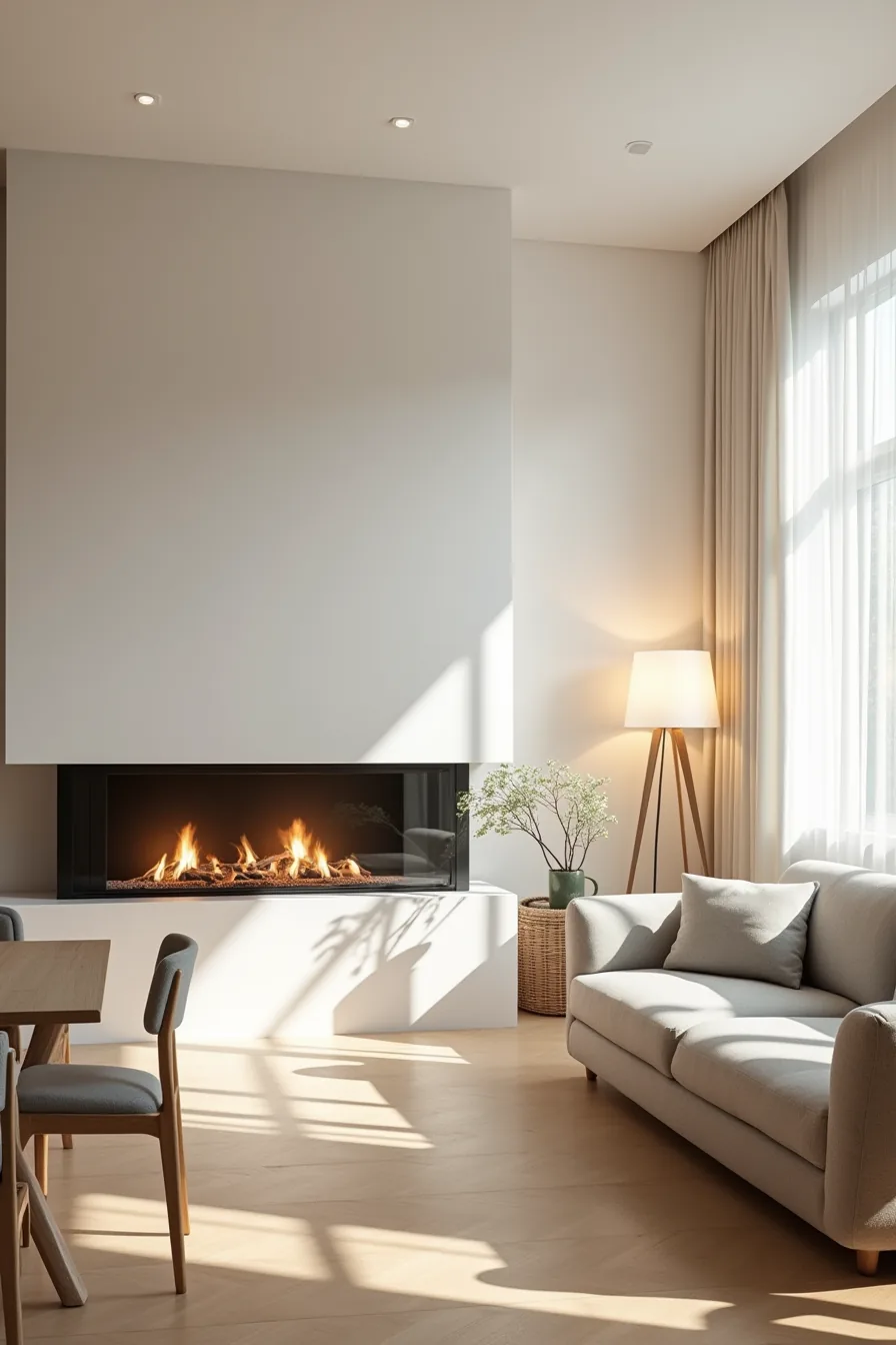 See-through glass fireplace with visible flames separating a living room with modern sofa from a dining room with table.