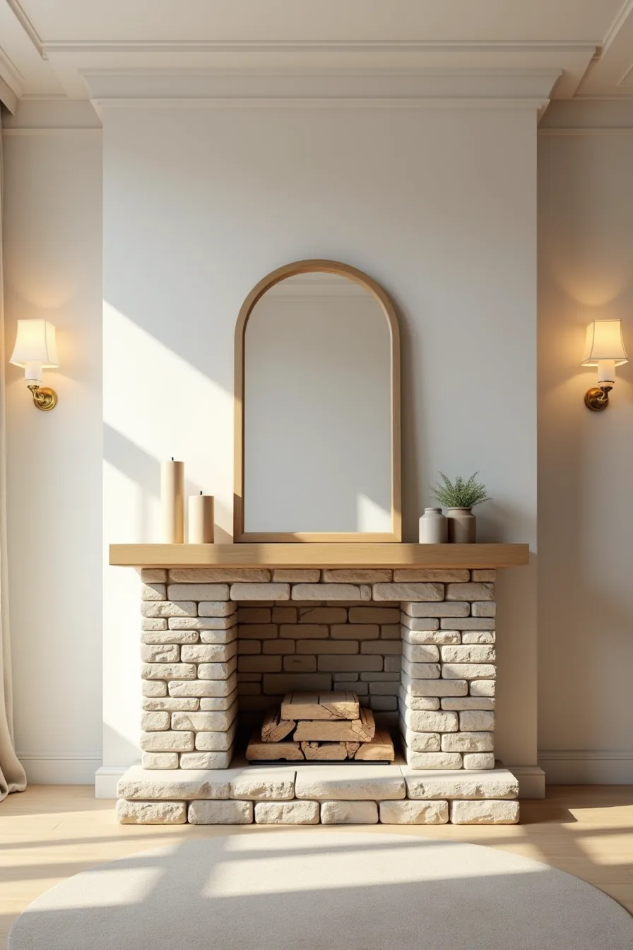 Floor-to-ceiling stacked stone fireplace with wood mantel displaying three candles and a mirror on centered accent wall.