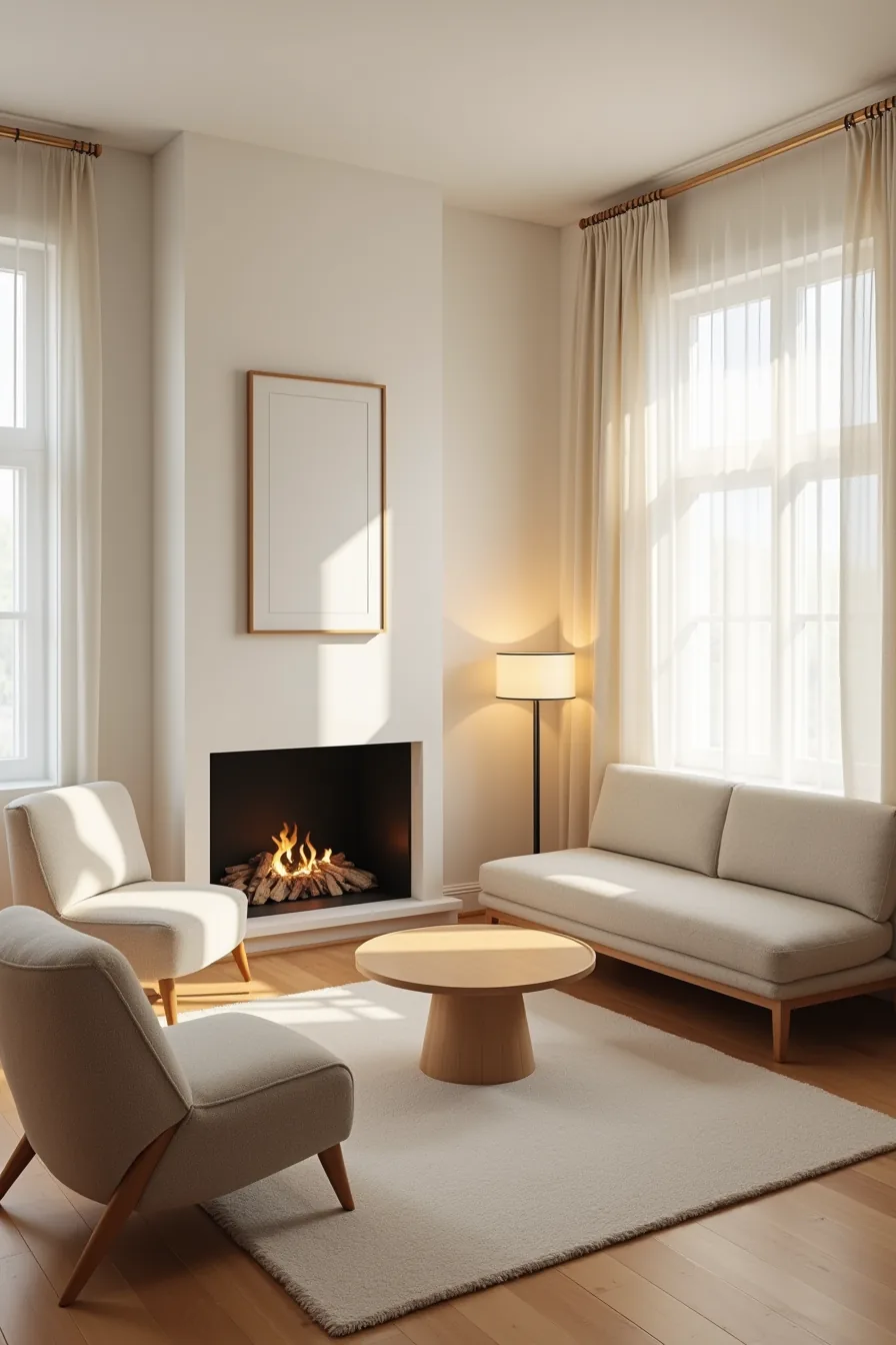Studio apartment floor plan showing corner fireplace, two accent chairs, compact sofa, and clear pathway to entry door.
