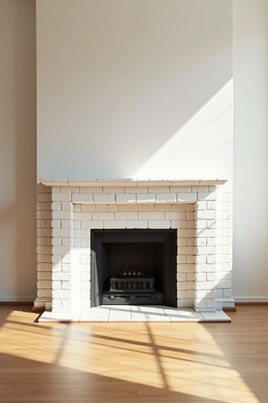 White subway tile fireplace surround with dark grout lines framing a dark metal firebox and mantel shelf.