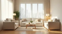 Overhead view shows a centered sofa with flanking armchairs and coffee table on warm wood flooring in a narrow rectangular