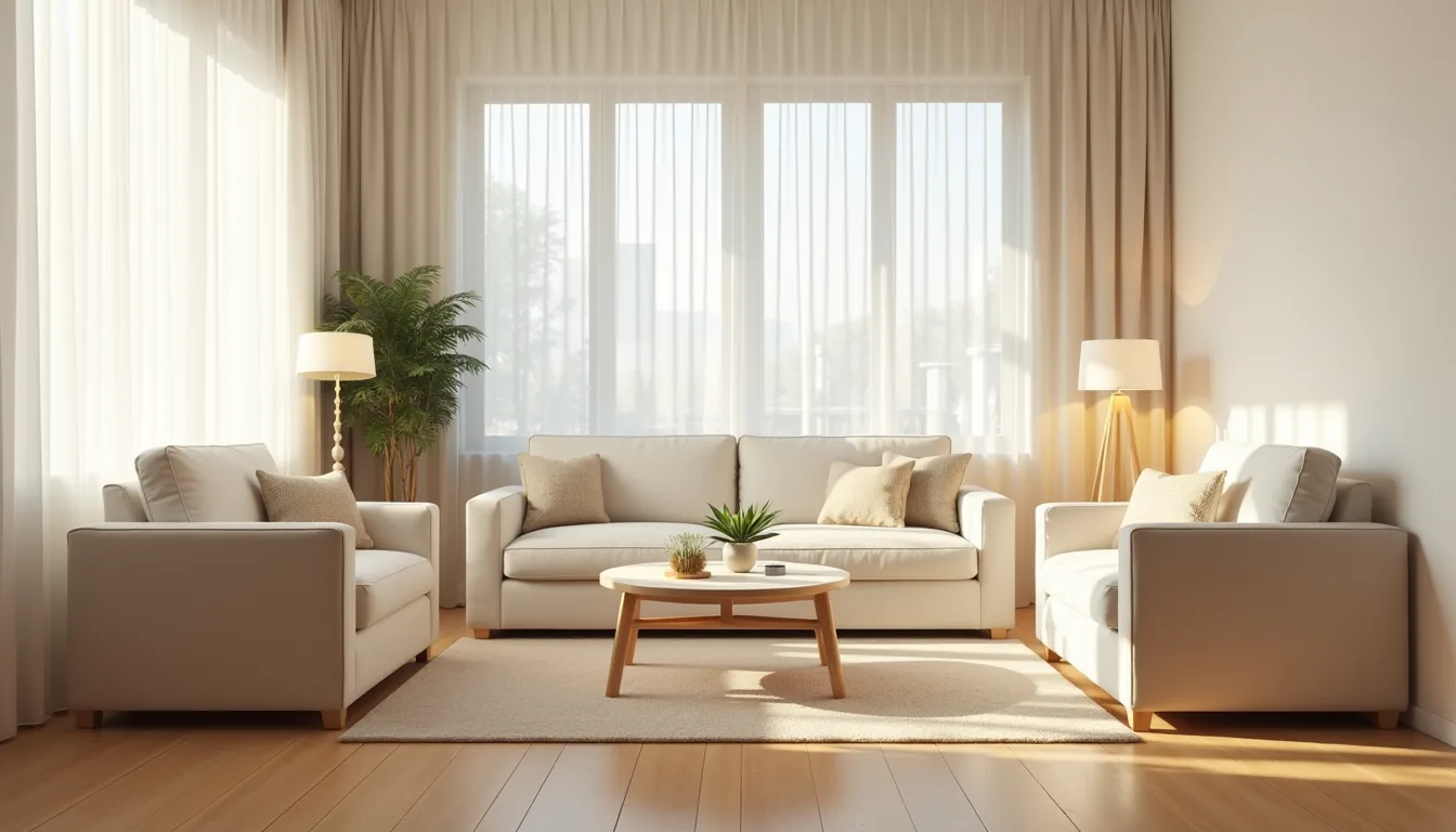 Overhead view shows a centered sofa with flanking armchairs and coffee table on warm wood flooring in a narrow rectangular