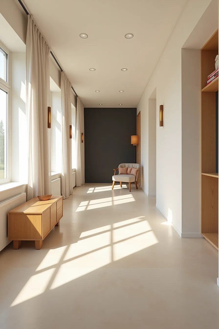 Long room with dark accent wall at far end, perimeter furniture arrangement, recessed lighting, and narrow side pathways.