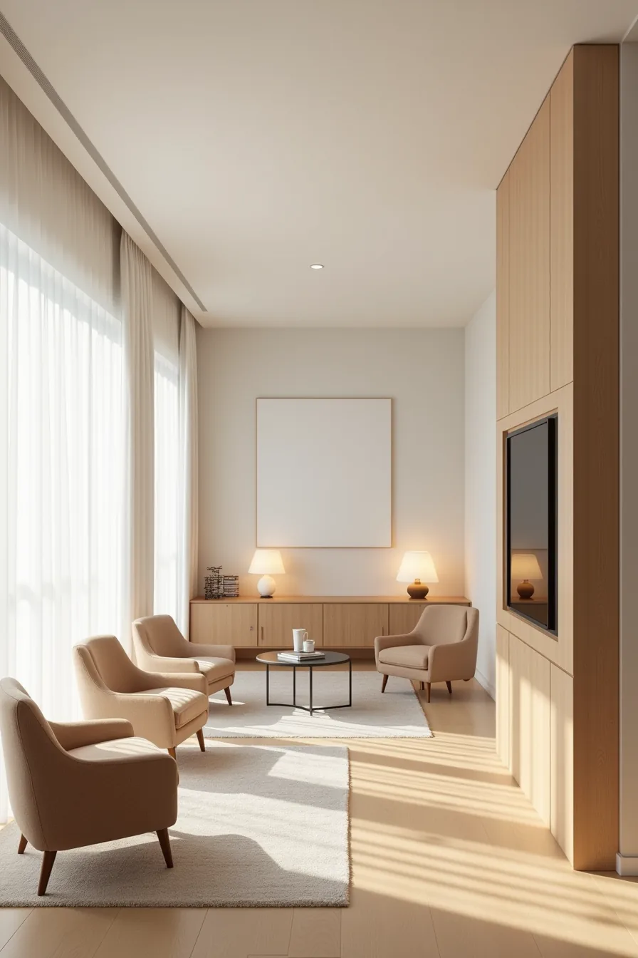 Two separate seating zones in a long room: conversation area with four chairs and small table in front, media zone with